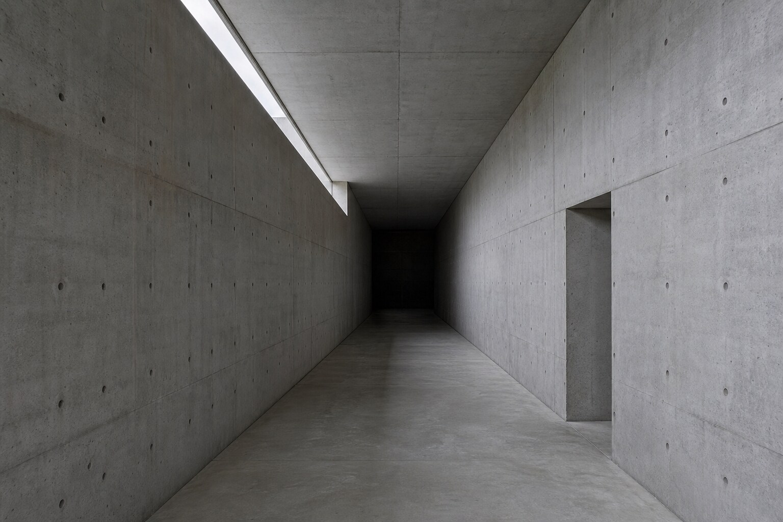 An empty concrete gallery lit by a single high window.