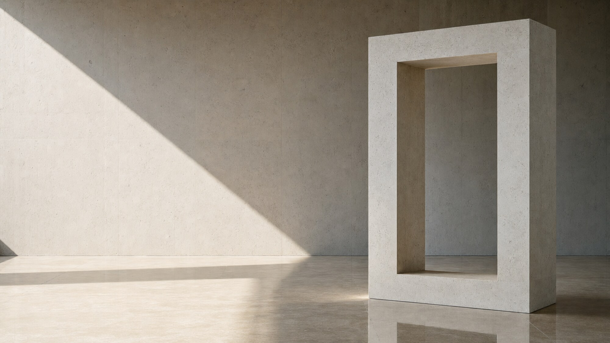 An empty concrete room with a single architectural frame in morning light.